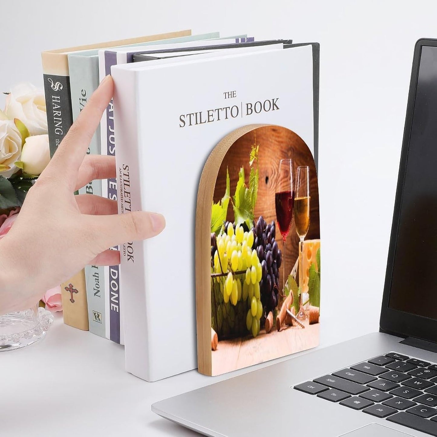 Wine and Grapes Wooden Bookend Non-Slip Book Ends Heavy Duty Book Stopper with Metal Base Books Holderd Decorative Bookends Stands Firmly for Office Supplies