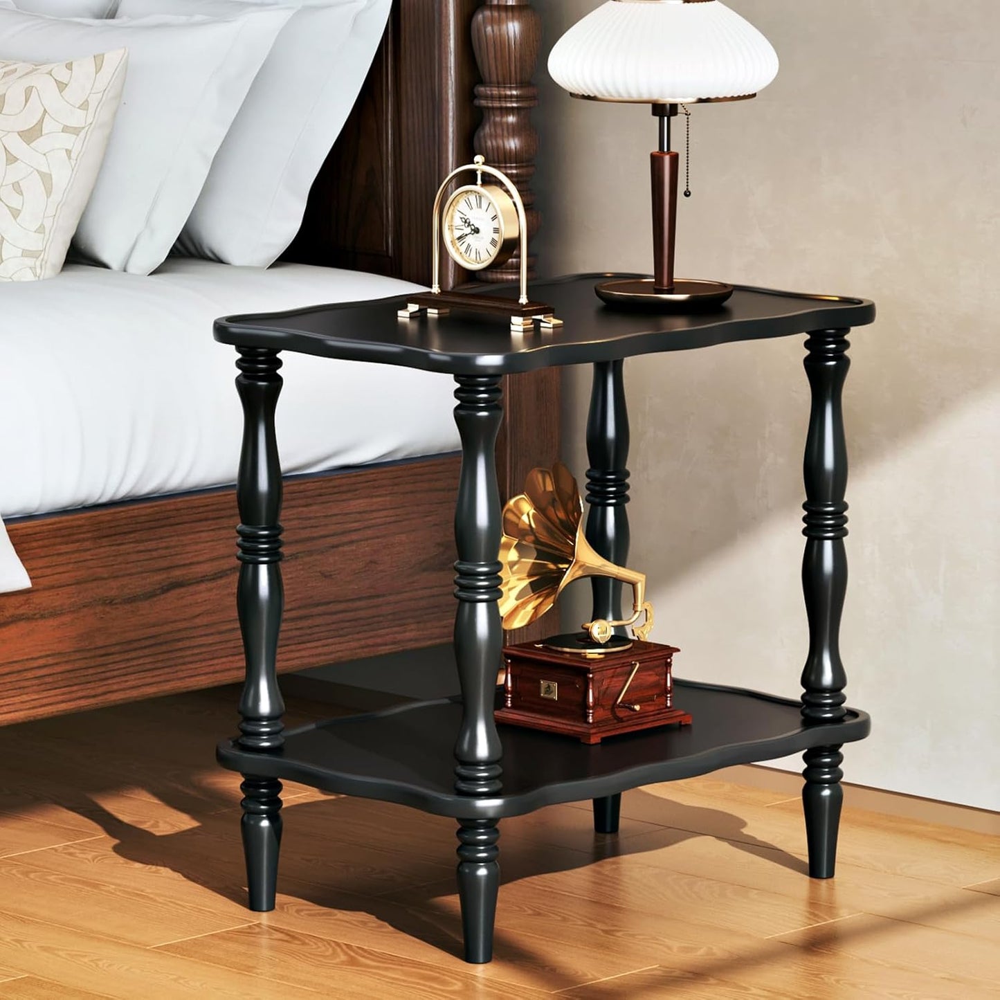 Uniclinens Solid Wood End Side Table - Small Wooden Nightstand for Living Room Bedroom, Black