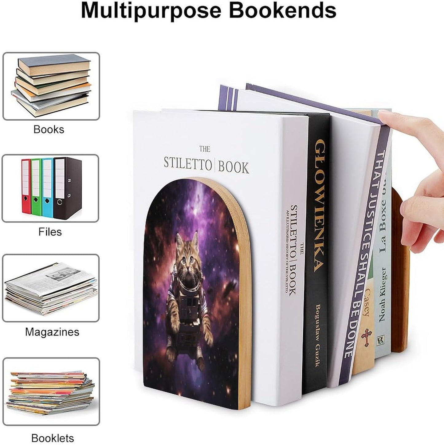 A Cat in Outer Space Bookend for Shelves Wooden Book End Large Size Sturdy Book Holders Stoppers with Metal Base for Bookshelves Slick Decorative Bookends Stands