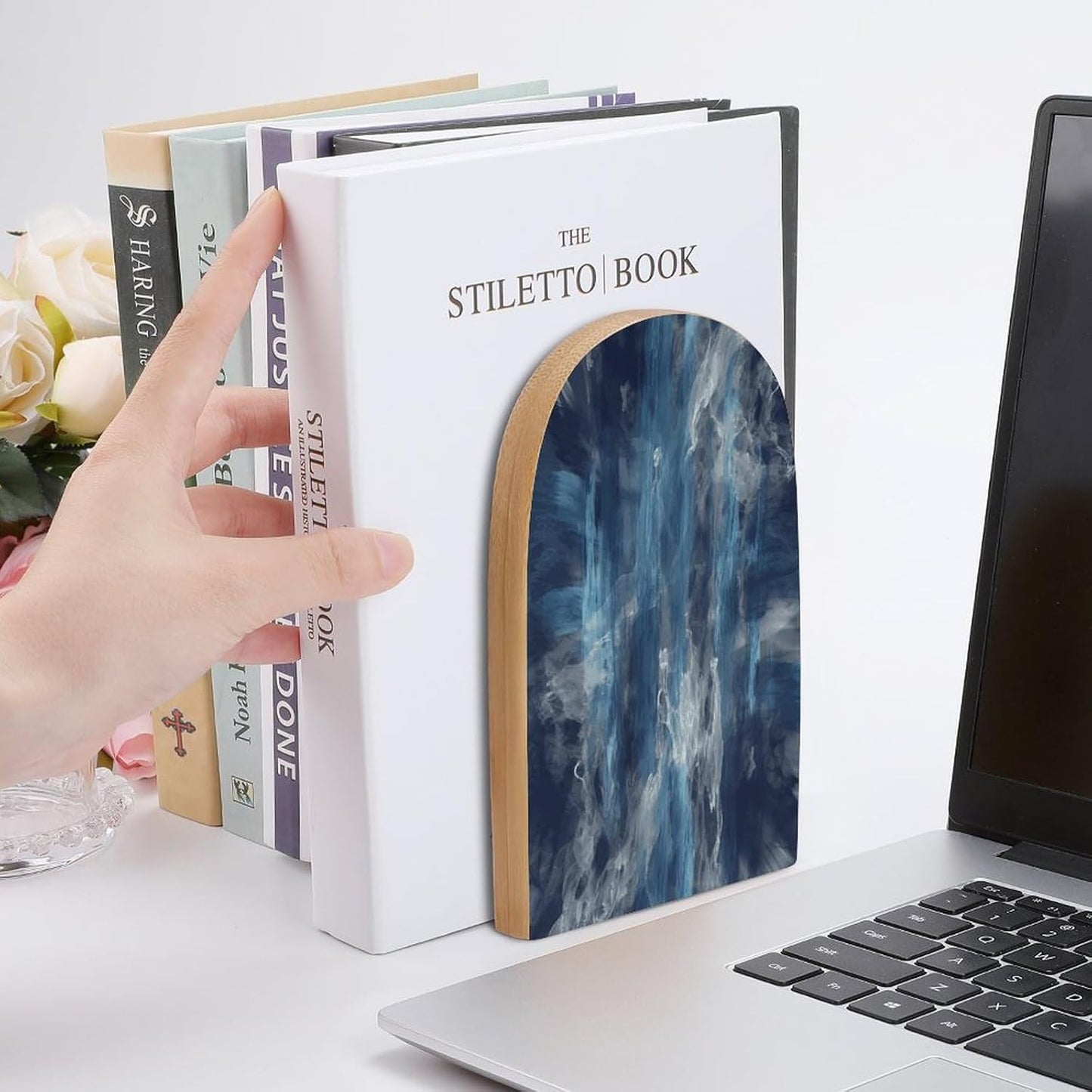 Abstract Blue Bookend for Shelves Wooden Book End Large Size Sturdy Book Holders Stoppers with Metal Base for Bookshelves Slick Decorative Bookends Stands