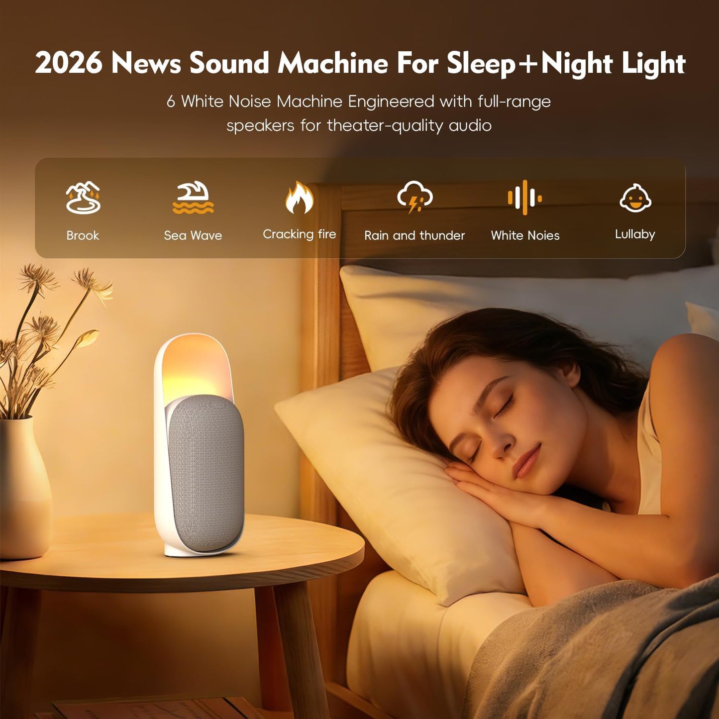 Sound Machine with Night Light&BT Speaker White Noise Machine,6 Soothing Sounds,Compact and Easy to Place on a nightstand or Desk,Convenient Timer Options,for Baby Kids Adult & Home Office Travel