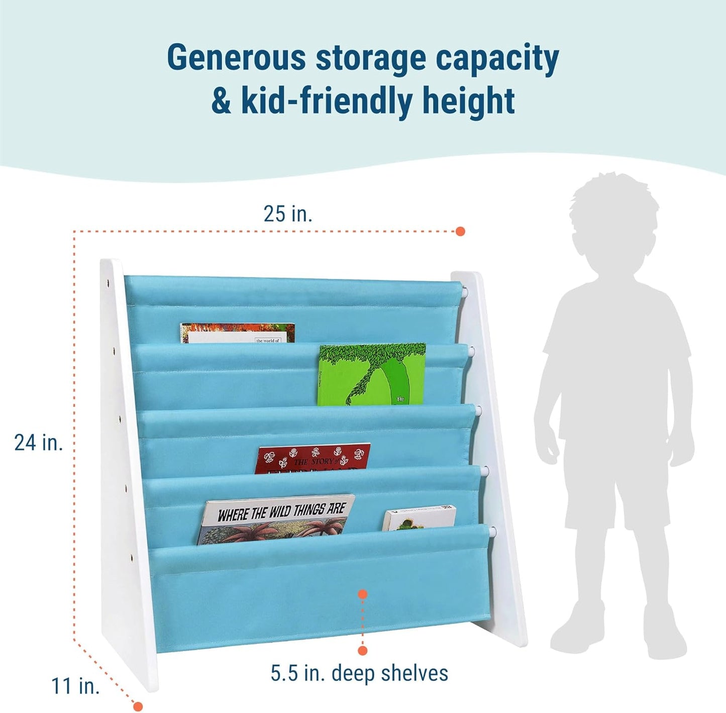 Wildkin Wooden Sling Bookshelf for Kids – Premium Canvas Design with 4 Fabric Shelves, Organizer for Home or Classroom - White w/Aqua