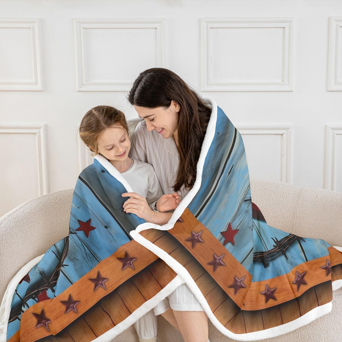 Red Western Texas Star Sherpa Blanket Rural Country Farmhouse Fleece Throw Blanket for Bed Sofa Couch Rustic Wooden Board Plush Blanket Vintage Brown Blue Fuzzy Blanket Twin 60"x80"