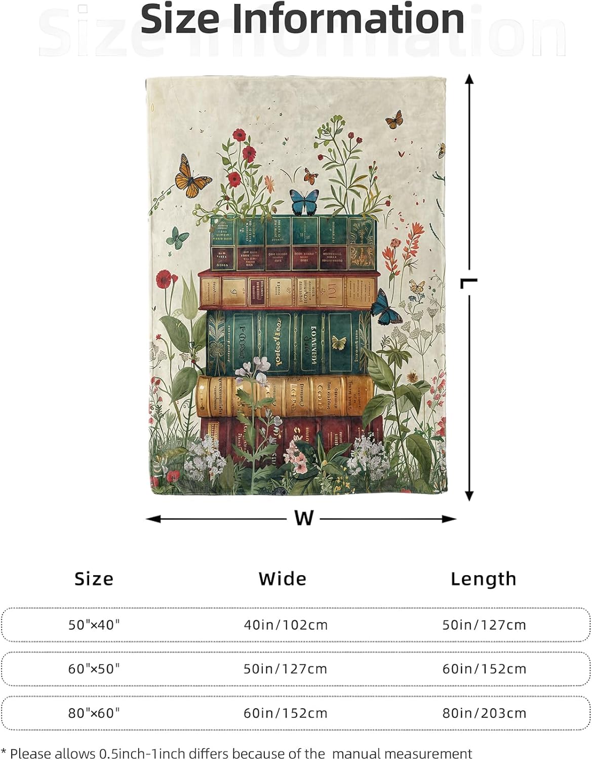 Floral Book Stack Blanket 50X60 in, Flannel Throw Blankets for Travel Camping Sofa Living Room Decor, Lightweight Cozy Soft Fuzzy Gifts for Women Adults Kids