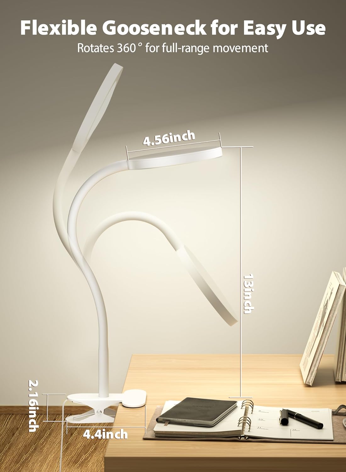deeloop LED Clip on Light,100% Infinite Dimmable Reading Book Lights in Bed Headboard, 450LM Touch Control Desk Lamp with Clamp, Eye-Care 3 Color Temperature Flexible Rotation for Bedside Night Light