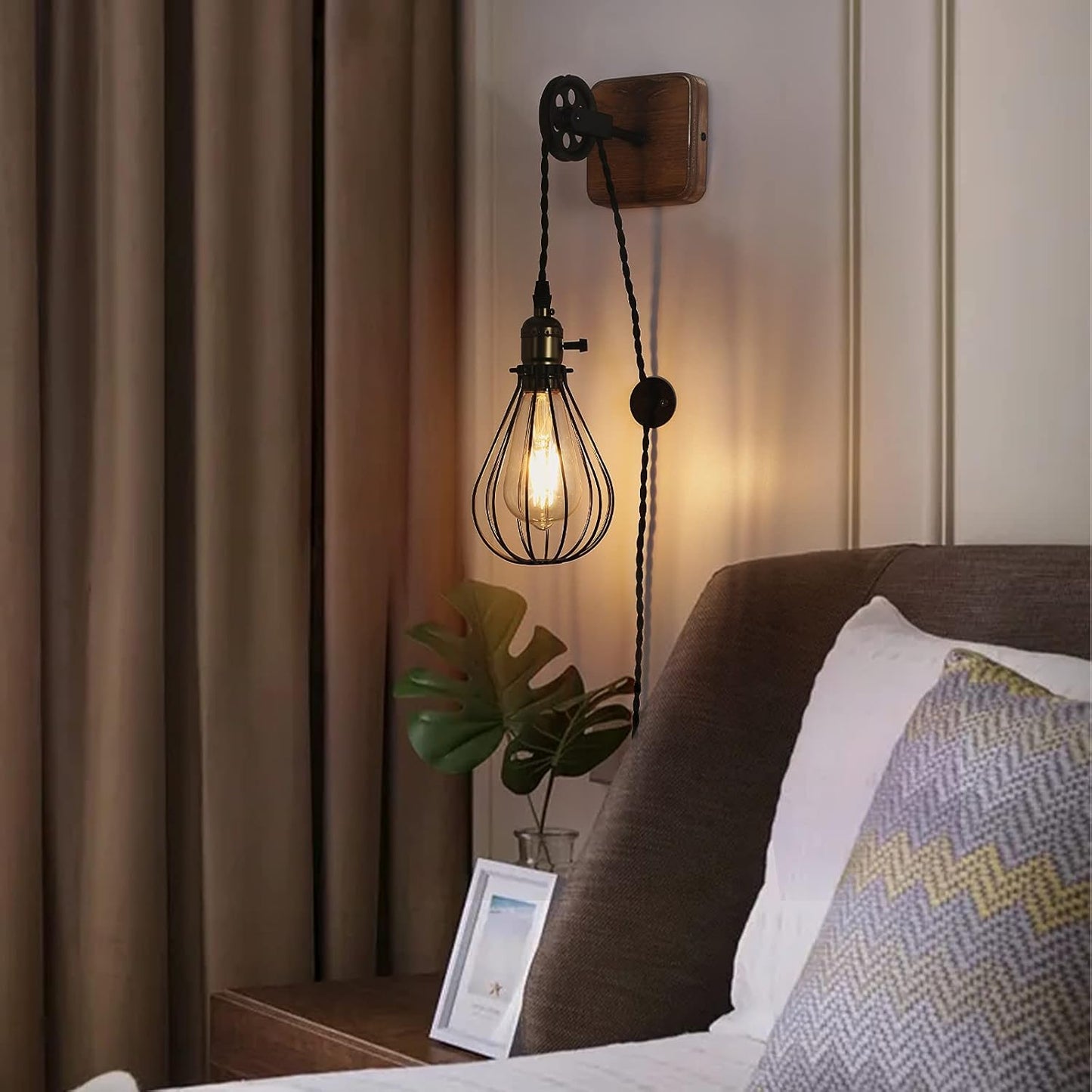 Industrial Wire Cage Plug in Wall Sconces, Black Rustic Hanging Wall Light Fixture Lift Pipe Pulley with Wood Base, On Off Toggle Switch Pendant Lamp Decoration for Reading Living Room Bedroom
