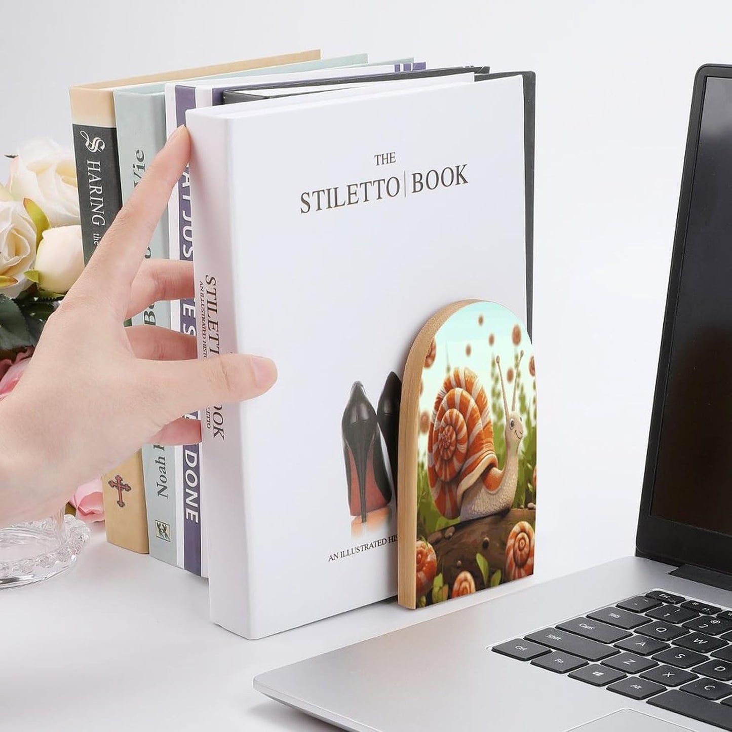Cute Snail Bookends 1 Pair Heavy Duty Book Ends for Shelves Non-Skid Bookend Supports Wooden Book Holders with Metal Base Desk Organizers Books Storage to Hold Books