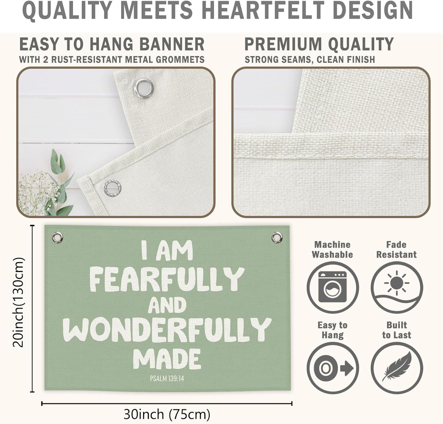 Christian Inspirational Kids Banner Canvas, Bible Verse I'm Fearfully Made Toddler Room Decor, Sage Green Hanging Flag Sign, Nursery Wall Tapestry Art for Playroom Bedroom Classroom 20x30in