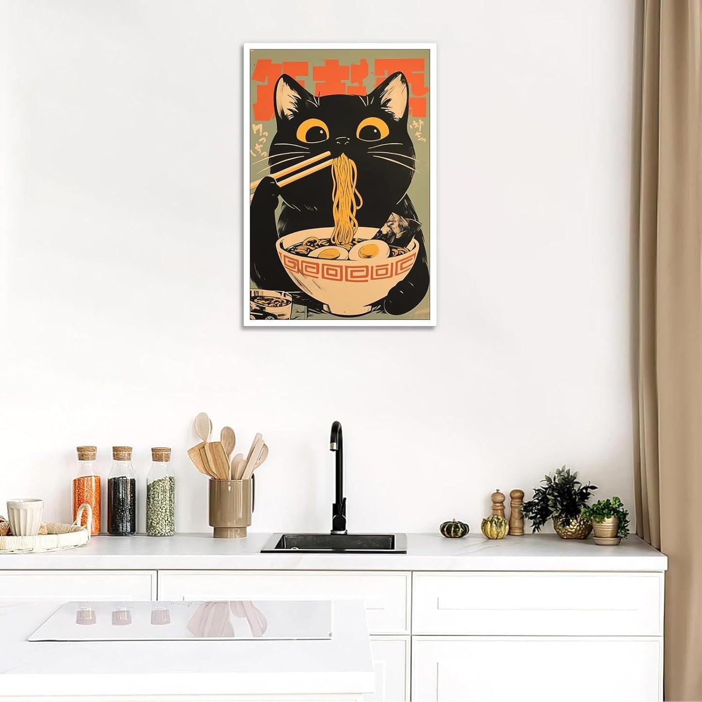 noskisy Vintage Black Cat Eat Tasty Noodle Posters Japanese Cute Cats Canvas Wall Art Period Ramen Cat Lovers Prints Painting For Kitchen Home Bedroom Dorm Wall Decor 8x12in Unframed