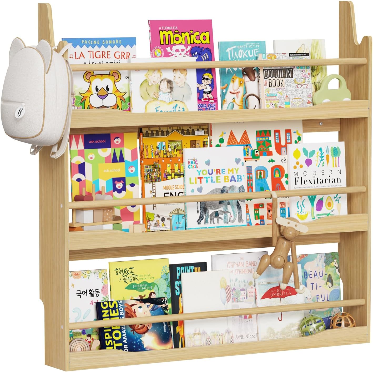 Lkeiyay Wooden Kids Bookshelf,Wall Mount 3-Tier Book Shelf Organizer for Toys and Books,Wall Book Shelves for Bedroom Kids (Natural)