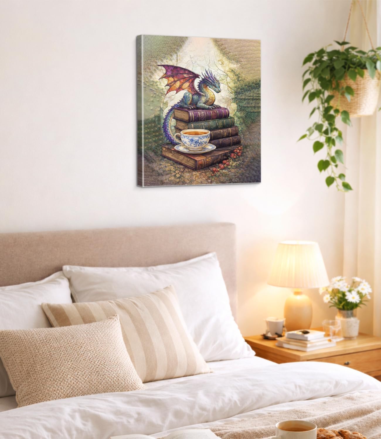 Vintage Dragon Books Wall Art Print - Bookish Dragon Canvas Poster Painting - Book Lover Gifts Wall Decor for Home Reading Nook Library 8x10 Inch Framed