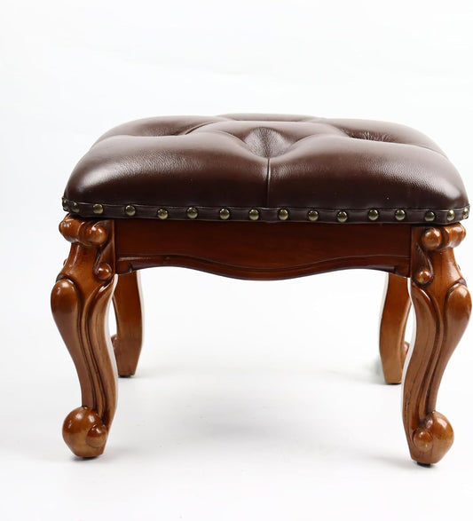 Leather Foot Stool Small,Vintage Ottoman Leather Foot Rest,Wooden Footrest,Upholstered Footstool for Couch/Living Room/Sofa,Cherry (12.6)