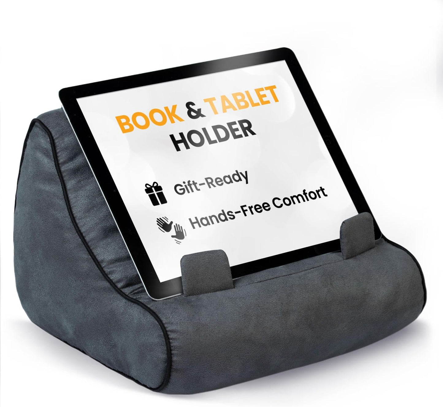 Gifts for Readers & Writers Tablet & Book Stand, Soft Reading Pillow, Book Holder with Pockets for Storage, Suitable for eReader/iPad/Kindle or Galaxy Devices, Book Couch Gray