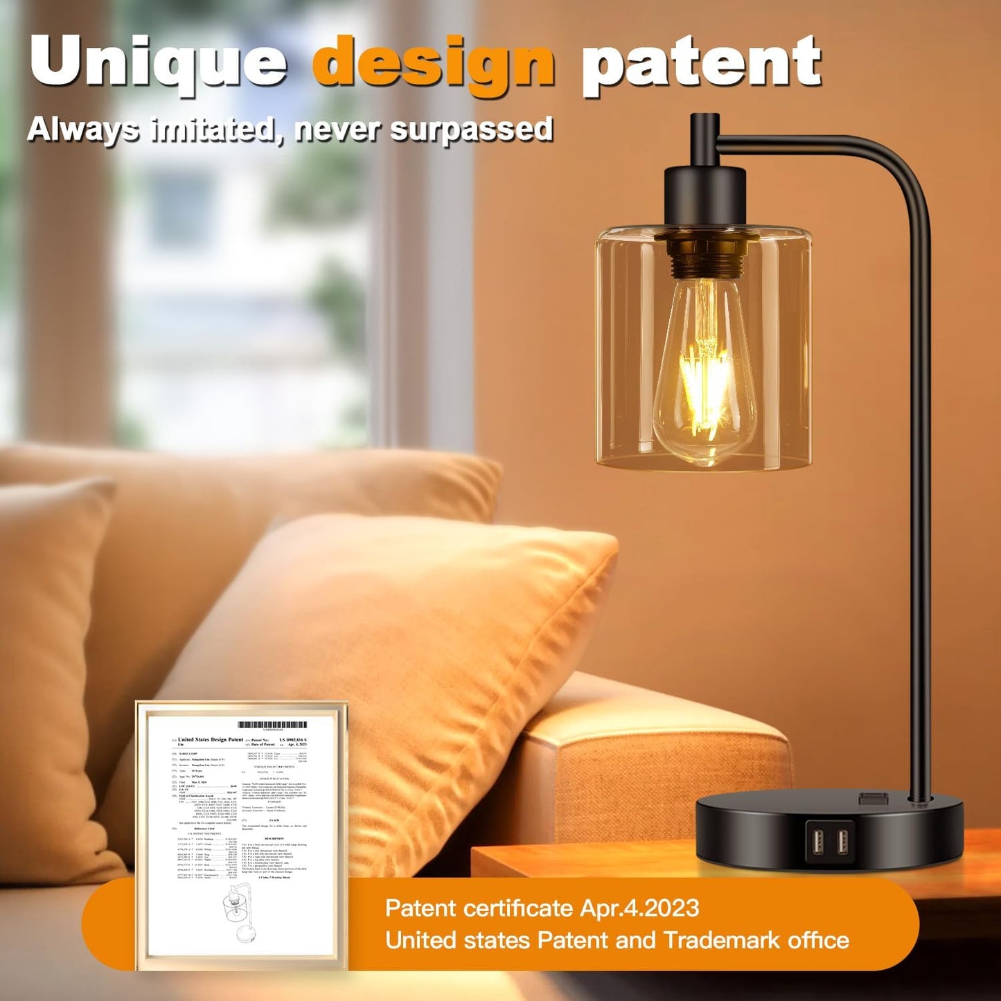 Set of 2 Industrial Touch Control Table Lamps with 2 USB Ports and AC Outlet - 3-Way Dimmable Black Bedside Lamp Nightstand Desk Lamps for Bedroom Living Room, Amber Glass Shade & 2 LED Bulbs Included