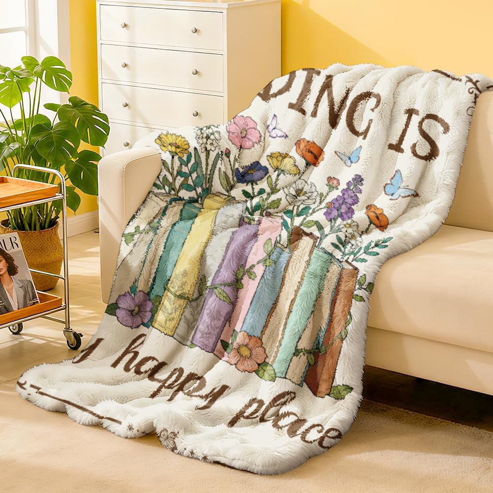 GLOBLELAND Books Flowers Throw 59x51 inch Butterflies Flannel Blanket for Book Lovers Washable Fuzzy Throw Blanket for Couch Chair Sofa Bed Dorm Bedroom Home