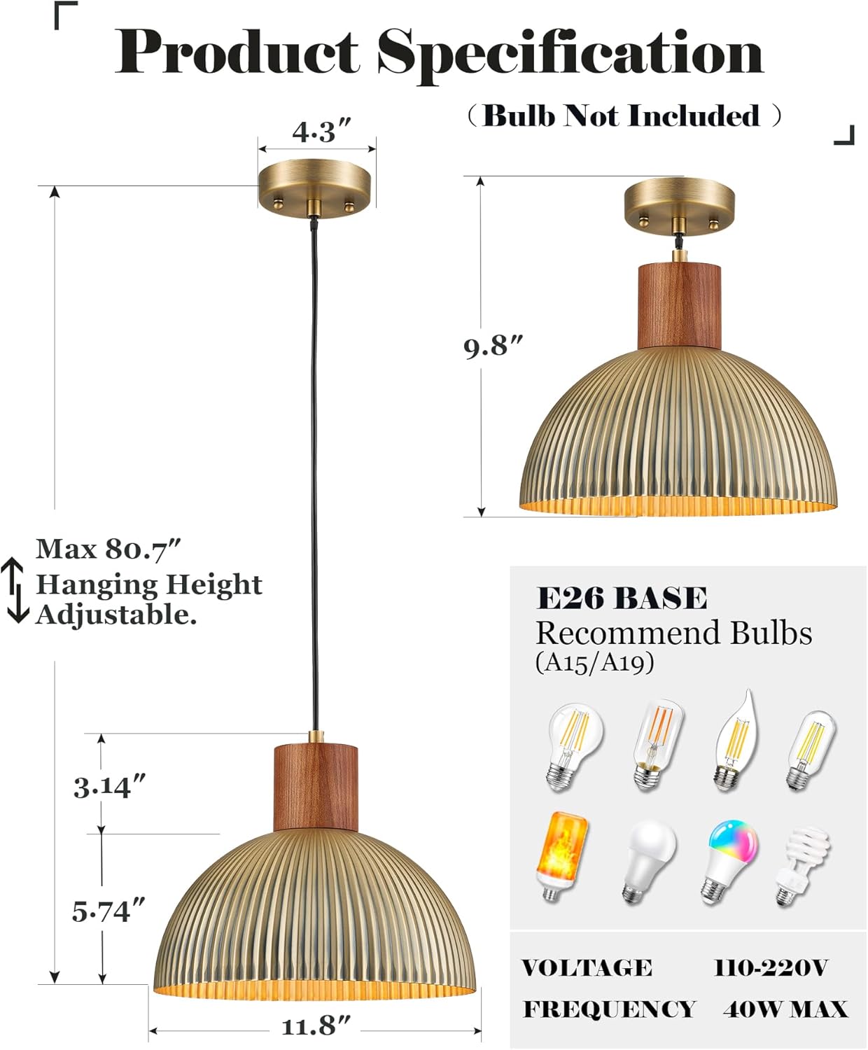 ELYONA Vintage Ash Wood Dome Pendant Light 12" Hanging Lamp with Brushed Brass Metal Shade & Gold Inner Finish, Modern Pendant Light Fixtures for Kitchen Island Dining Room Bedroom Living Room Hallway