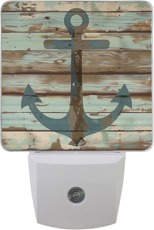 Vintage Anchor Wooden Night Light Plug in Set of 2 Retro Nightlights LED Auto Dusk-to-Dawn Sensor Lamp for Bedroom Bathroom Reading Kitchen Hallway Stairs Decorative