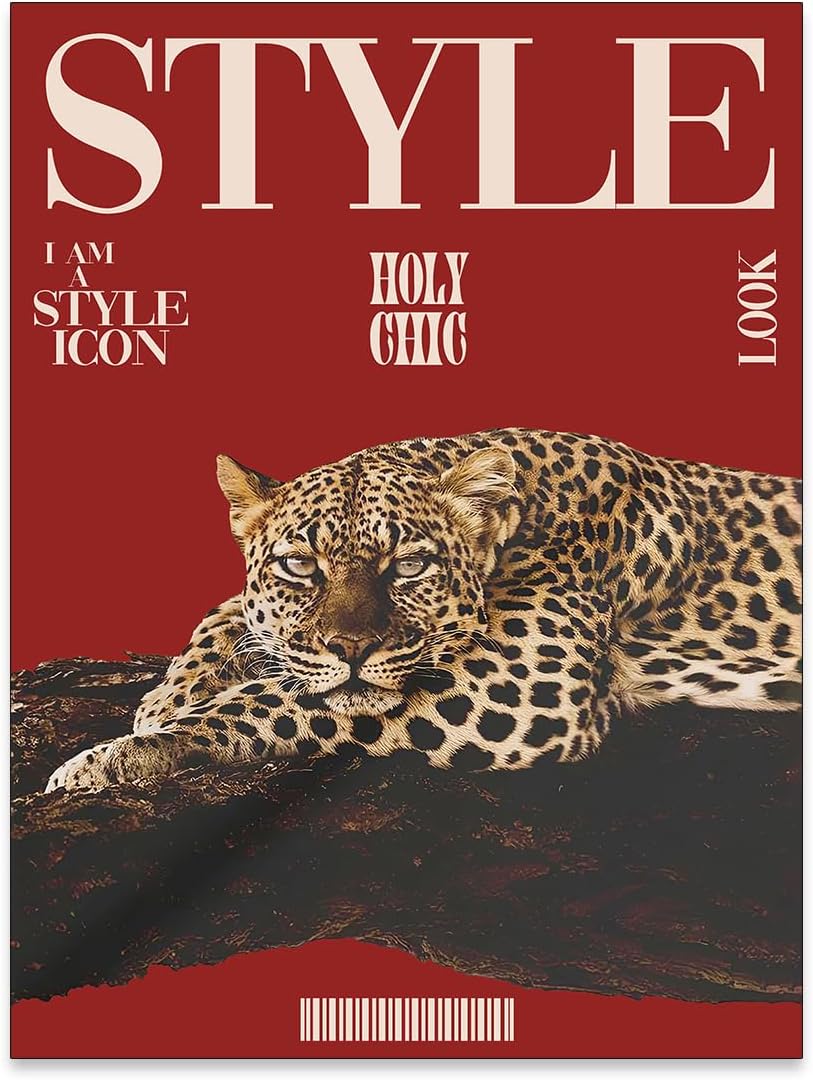 rumlud Red Cheetah Wall Art Vintage Trendy Cool Y2k Leopard Style Posters Funky Magazine Aesthetic Cover Canvas Prints for Living Room Bedroom Dorm Wall Decor 12X16 inch Unframed