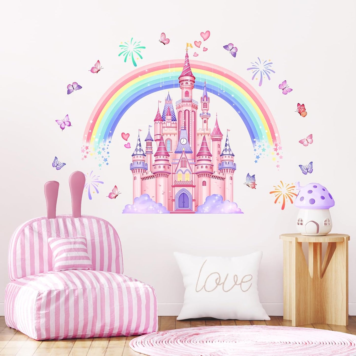 Rainbow Castle Wall Stickers, Watercolor Fireworks Butterflies Wall Decals Peel and Stick Wall Decal Self Adhesive Home Decor for Girls Nursery Kids Room