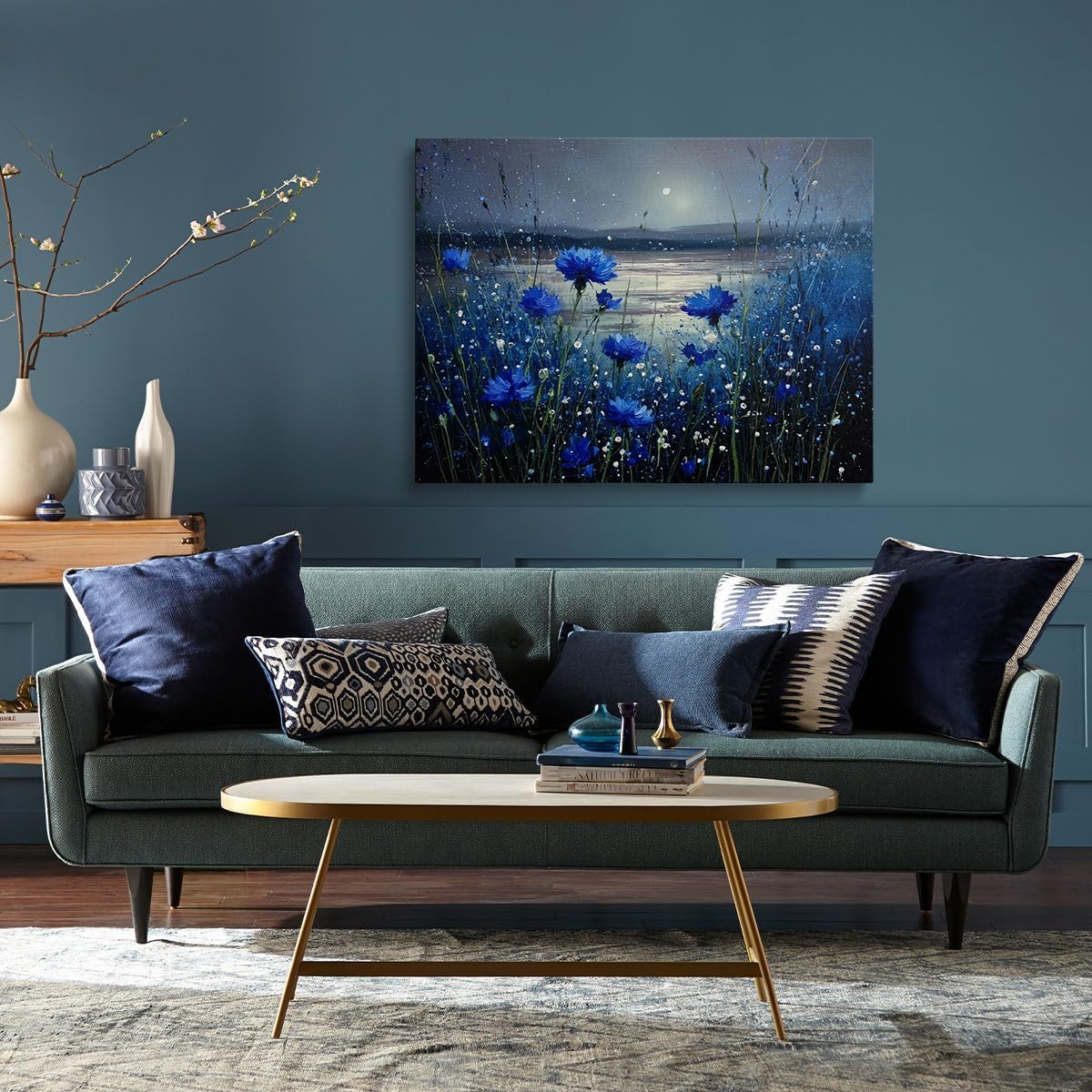Beautiful Blue Cornflowers Moonlit Lake Landscape Canvas Wall Art - Tranquil Nature Home Decor for Living Room & Bedroom Bathroom - HD Waterproof Stretched Framed Art Print Ready to Hang 12x16 Inches