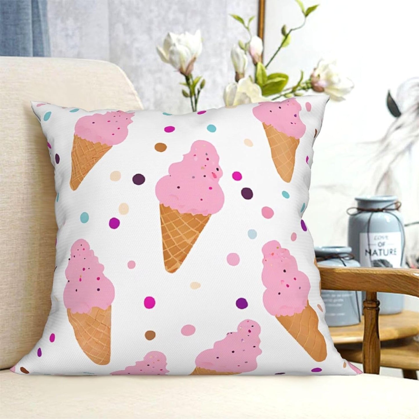 All-Season Square Pillow Covers 18"X18", Ice Cream Cones, Decorative Throw Pillow Covers for Sofa Bed Couch, Hidden Zipper Cushion Cover, Square Lumbar & Accent Pillowcases for Home Decor