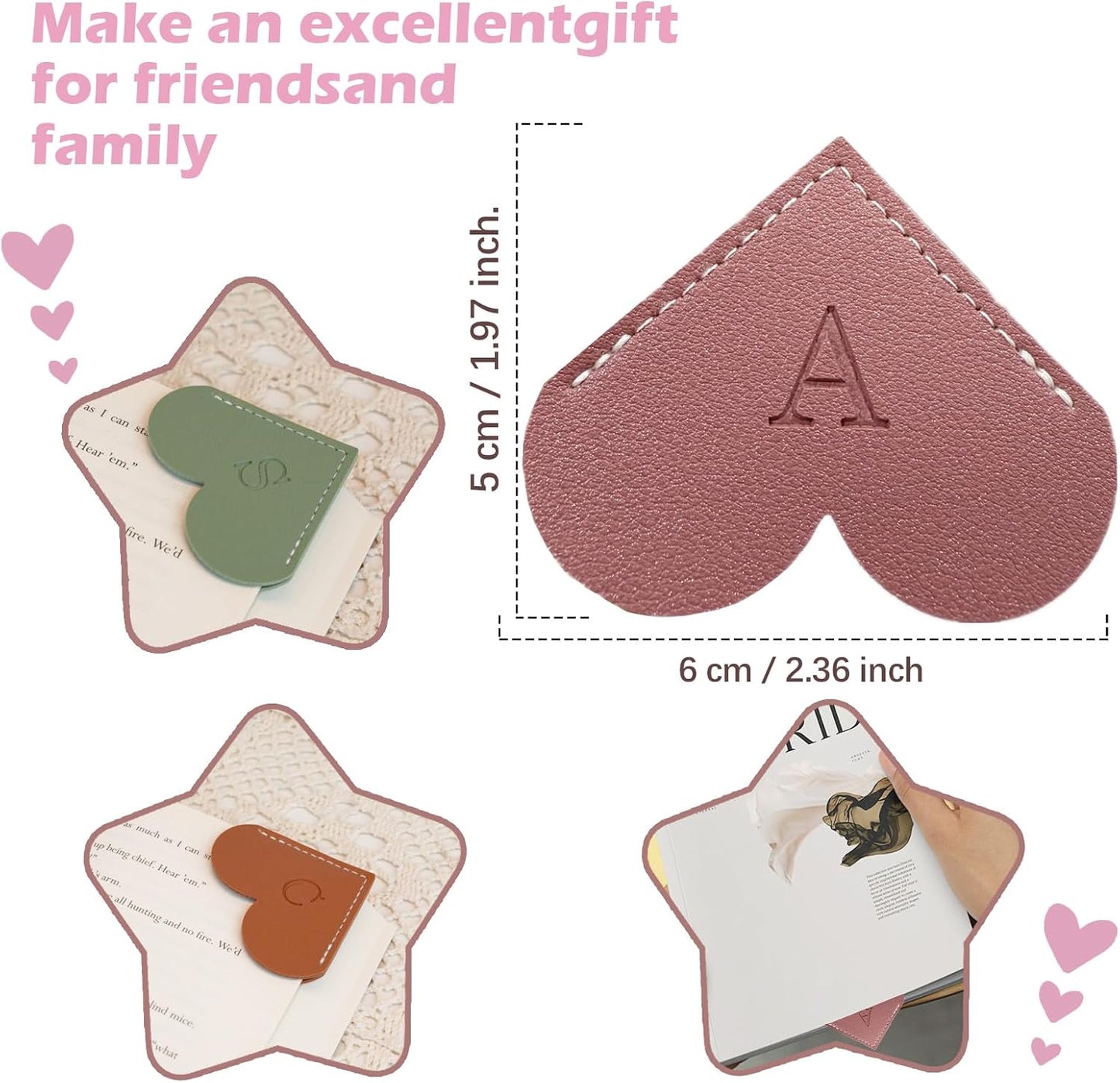 2Pcs Personalized Leather Heart Bookmark with Initial, 26 Letters Custom Corner Page Book Mark for Reading Women, Book Lovers, Teachers, Students, Cute Book Accessories Gifts(Green+Light Brown, L)