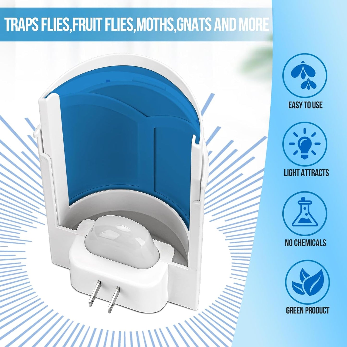 2 Pack Flying Insect Traps for Indoor, Plug-in Bug Catcher for Flies, Fruit Flies, Gnats, Moths, Noiseless for Home, 30-Day Glue Card Replaced (2 Devices & 8 Refills)