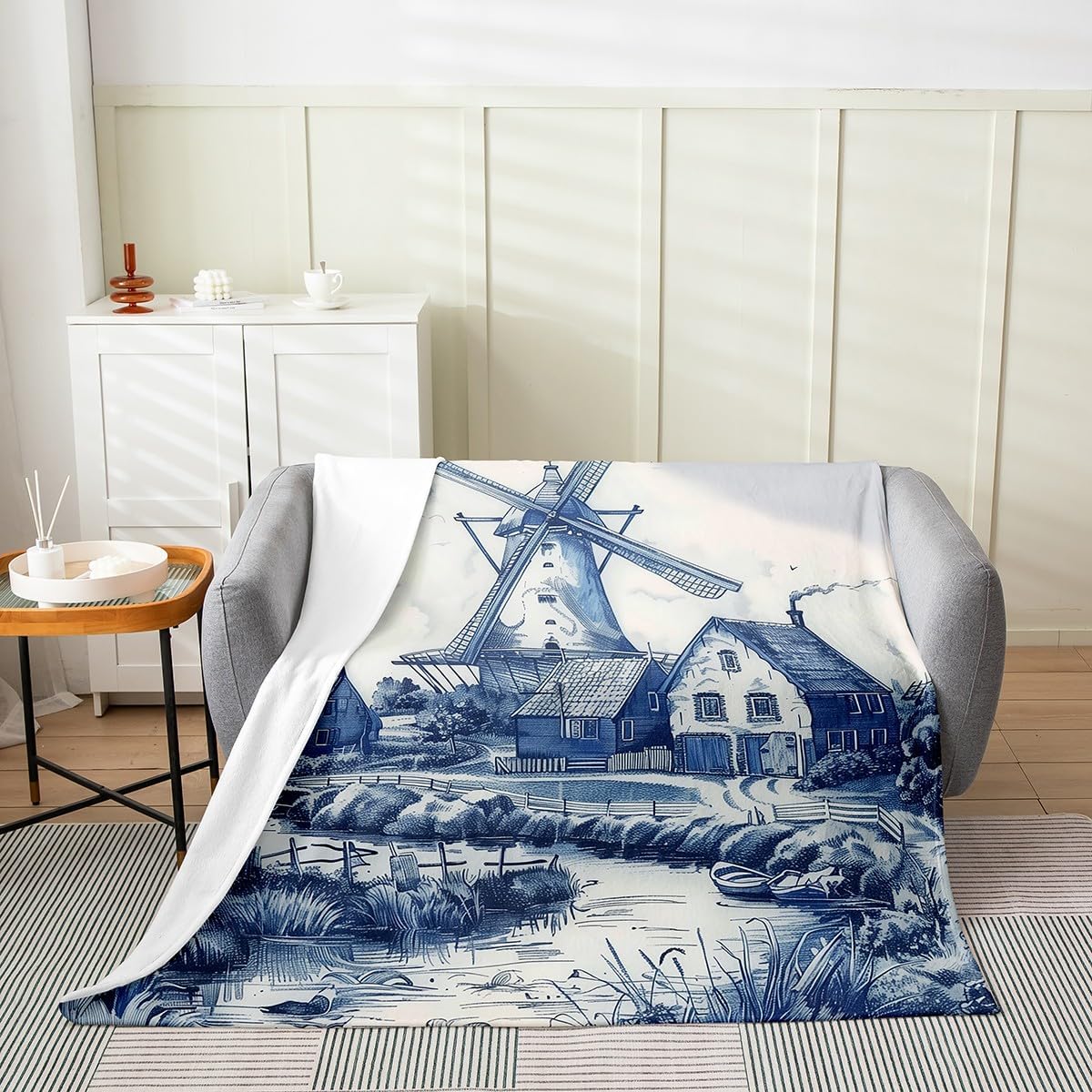 Erosebridal Vintage Dutch Windmill Flannel Blanket Throw 50x60 Delft Blue Farm Throw Blankets Rustic Farmhouse Blanket