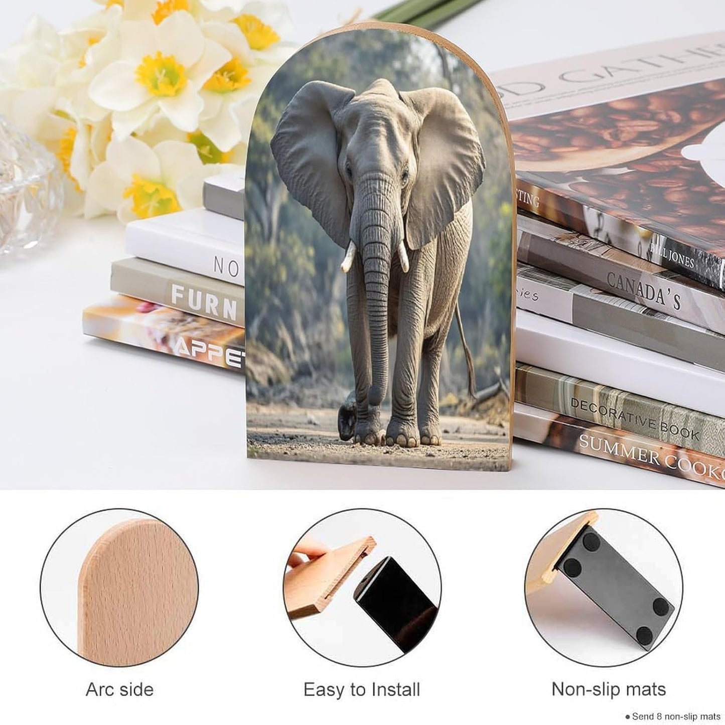 Elephant Bookends 1 Pair Heavy Duty Book Ends for Shelves Non-Skid Bookend Supports Wooden Book Holders with Metal Base Desk Organizers Books Storage to Hold Books
