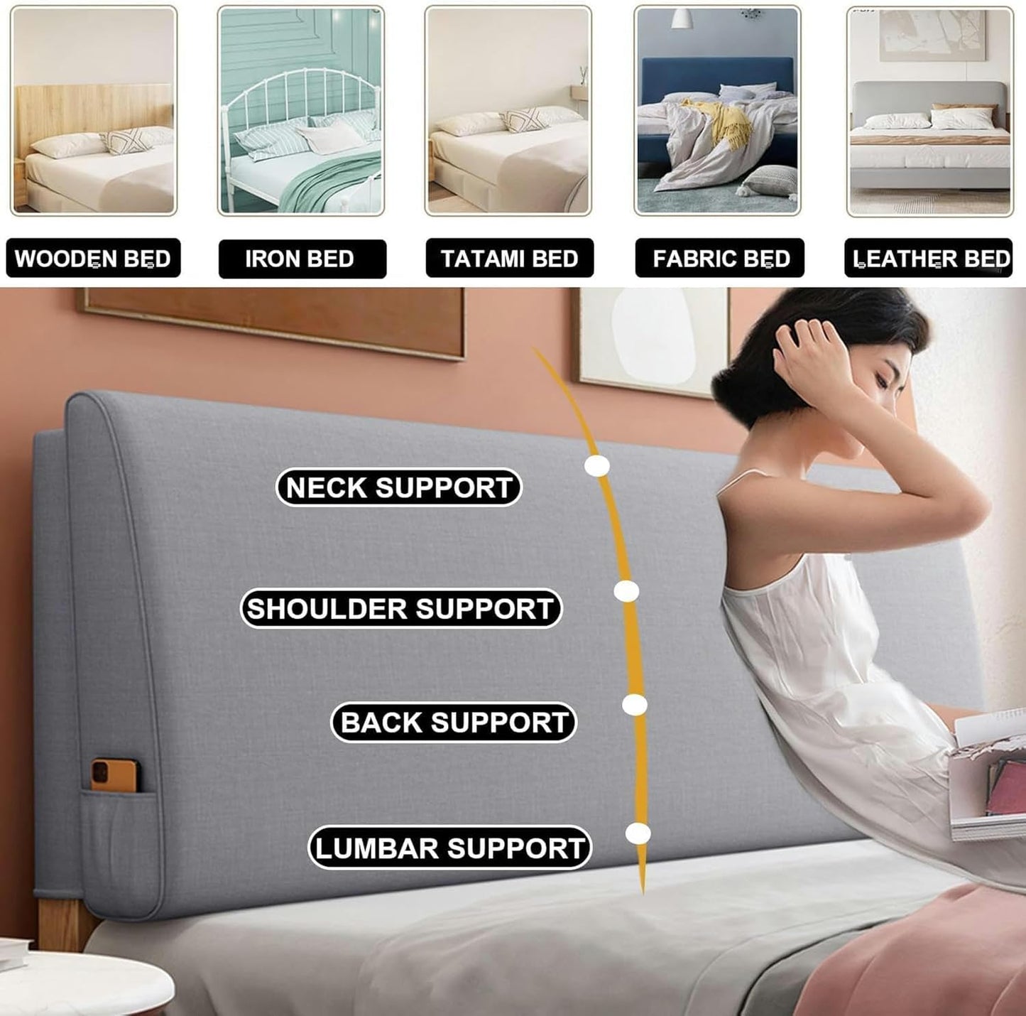 AMNOOL Bed Backrest Headboard Cushion Large Wall Pillow Lumbar Support Pillow Daybed Bench Bolster Removable Cover Support for Watching TV, Gaming
