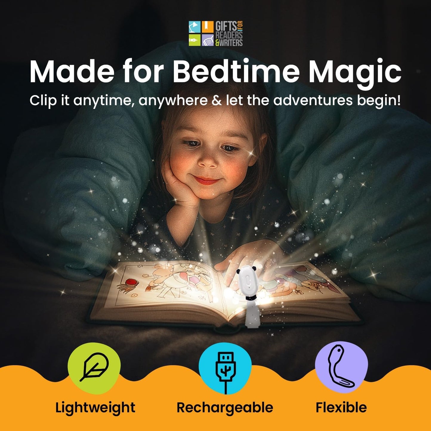 Gifts for Readers & Writers Rechargeable Book Light for Kids, Clip On Reading Light for Bed, 2in1 Flexilight Pals & Bookmark, 12 Hours of Light Once Charged, Includes USB Cable & 2 LED Lights, Panda