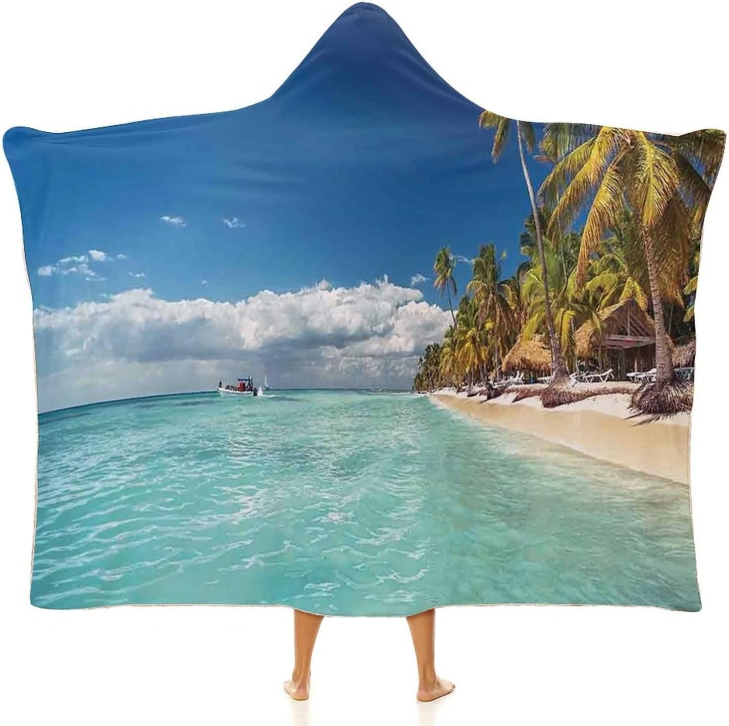 Throw Blankets, Ocean Women Men Hooded Blanket, Landscape of Paradise Tropical Island Beach with Vivid, Soft Warm Cozy, 60 x 80inches, Studying Reading Snuggling Napping Office, Green Blue Cream