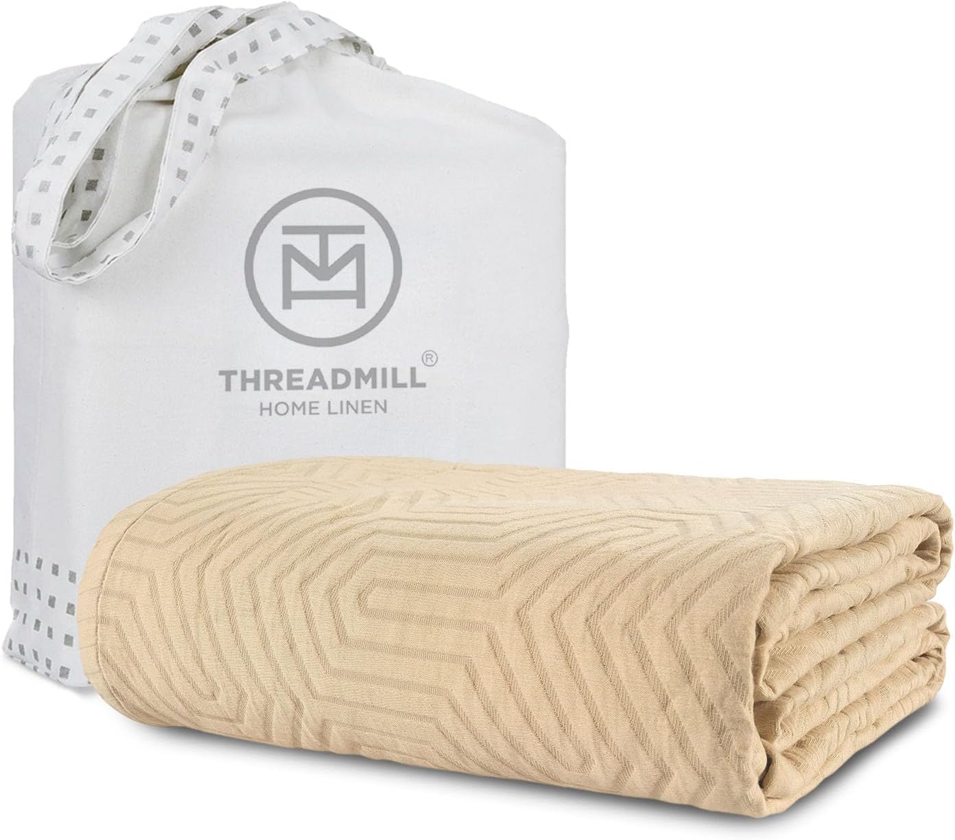 Threadmill Luxury Cotton Blankets for Queen Size Bed | All-Season 100% Cotton Queen Size Blanket | Aster Jacquard Cozy Lightweight, Soft Breathable Coverlet fits Full Size Bed, 90x92 | Beige