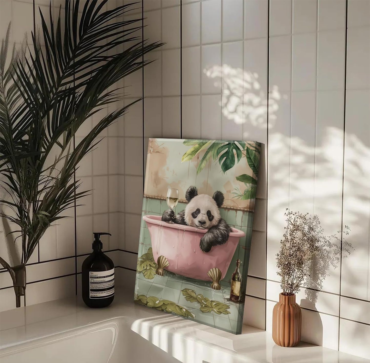 Funny Bathroom Wall Art Set of 2, Panda on Toilet and in Bathtub Wall Decor Paintings, Cute Animal Canvas Prints Pictures Aesthetics Home Decor for Bathroom Restroom 16x24 Inch Framed