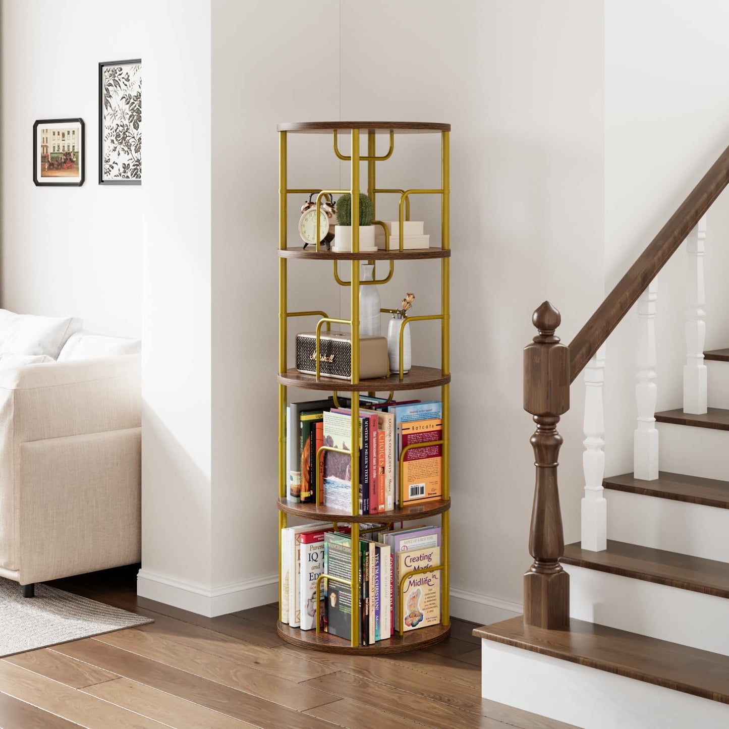APPOLYN 4 Tier Rotating Bookshelf, 360 Display Spinning Corner Bookshelf, Space Saving Metal Frame Bookcase for Living Room, Office, Bedroom, Gold