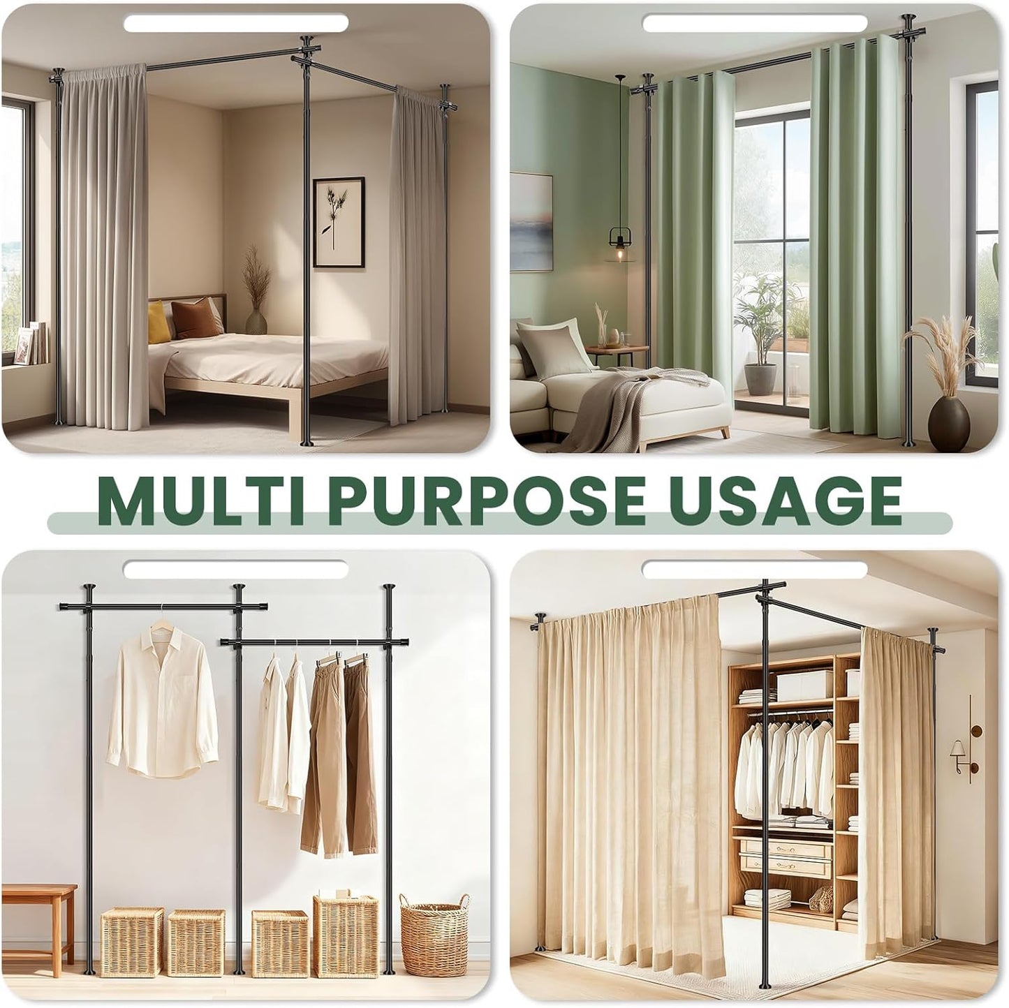 Tension Curtain Rods No Drill Adjustable Room Divider, Tension Rod for Room Separator and Partition Room Dividers, Easy Installation for Bedroom & Apartment (Black - W35-100 × H43-120 in)