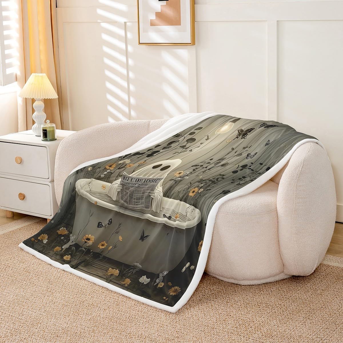 Erosebridal Funny Halloween Ghost Fleece Blanket Botanical Butterfly Flowers Sherpa Blanket 50"x60", Reading Newspaper Fancy Humor Ghost Vintage Gothic Fuzzy Plush Throw