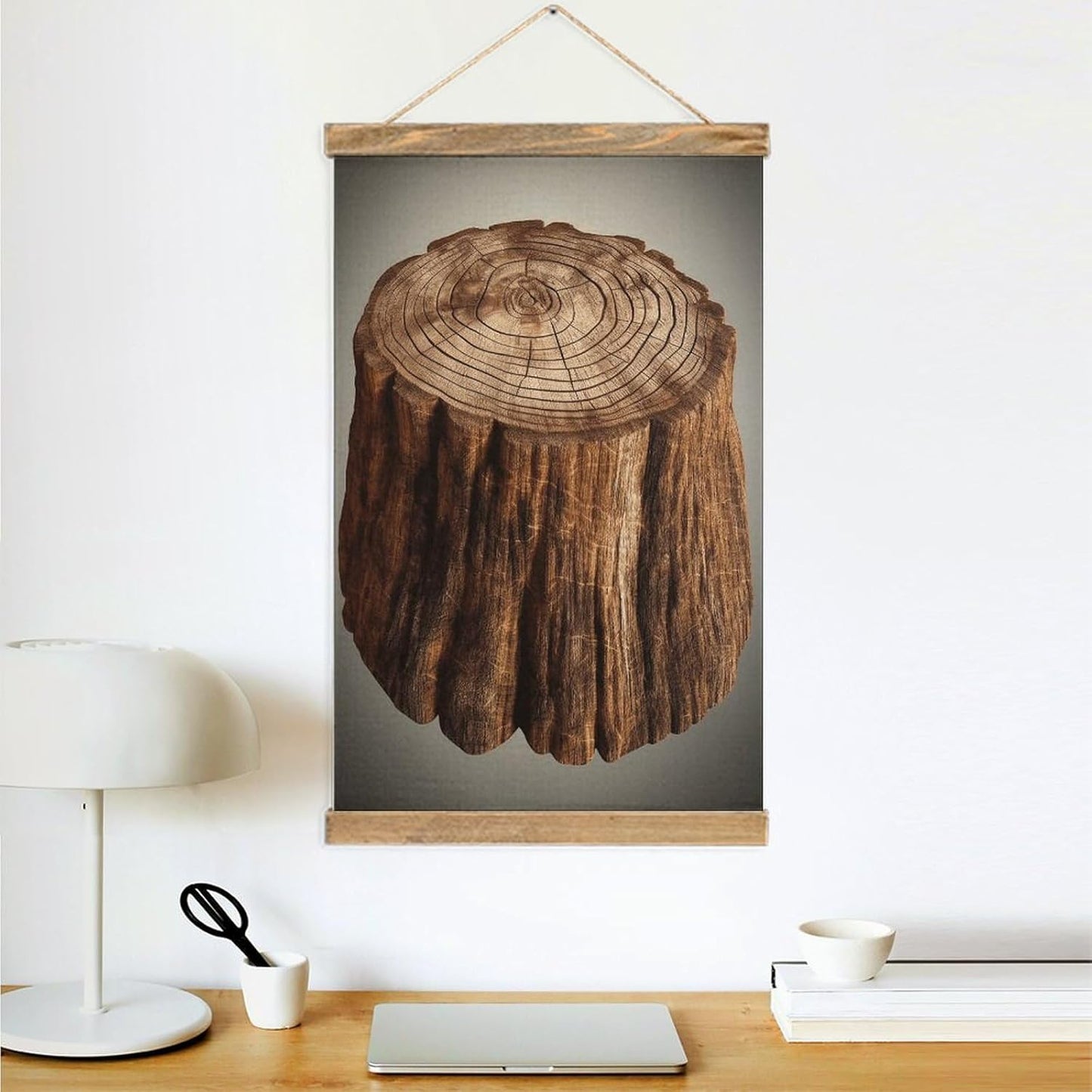 Vintage Stump of Oak Tree Poster with Wooden Frame Personalized Linen Hanging Scroll Painting Rustic Wall Hanging Illustrative Modern Artwork Decor for Home Living Room Bedroom Office