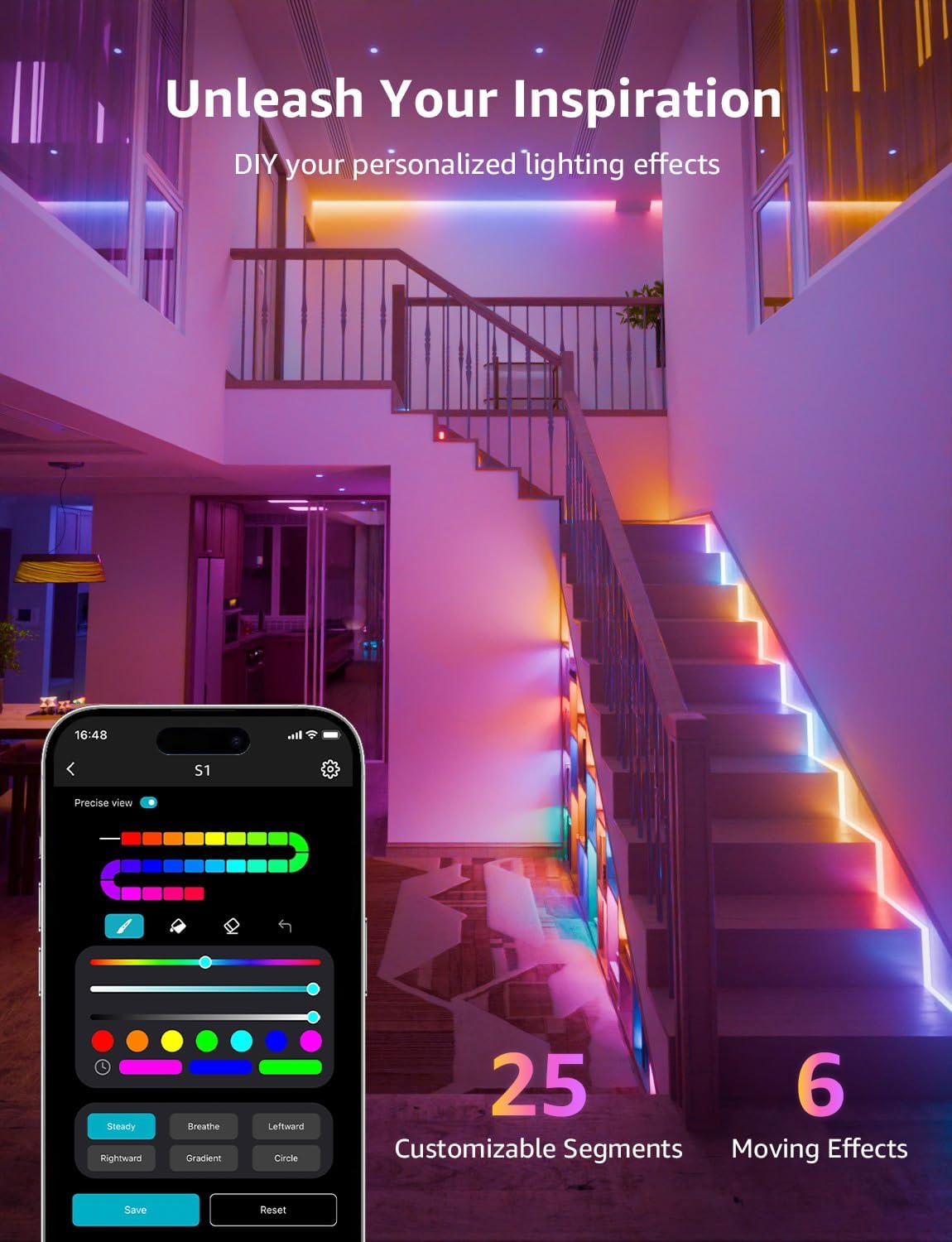 Lepro S1 AI LED Strip Lights for Bedroom - 16.4ft Smart RGB Light Strips with IC and Rainbow Chasing Effects, Color Segment DIY, Personalized Al Lighting Designer, No Remote, 2.4G Wi-Fi & Bluetooth