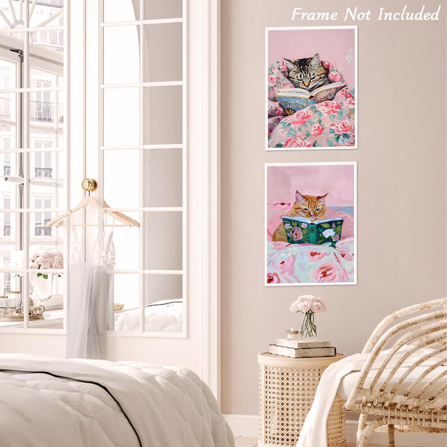 Dazzlewall 4Pcs Funny Cat Reading Book Wall Art Posters, Vintage Cat Aesthetic Art Prints for Nursery Girls Bedroom Study Room Decor 8x10 in Unframed