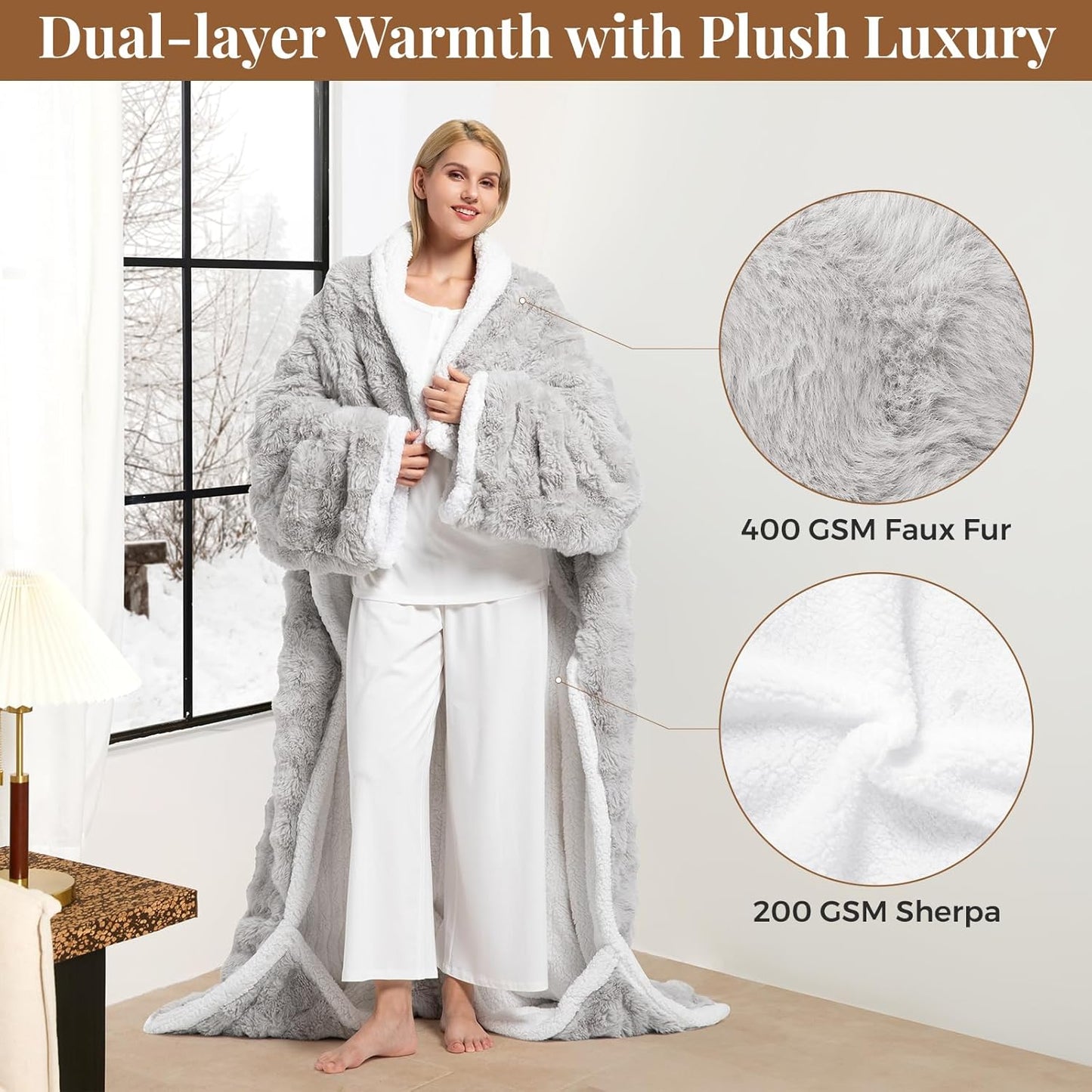 Wearable Heated Blanket, Luxury Faux Fur & Sherpa Electric Throw Blanket with Sleeves, Foot Pockets, Heated Robe for Women Men Gift, 3 Heat Levels & 12H Timer, ETL & FCC Certified, 52"x 72" Light Grey