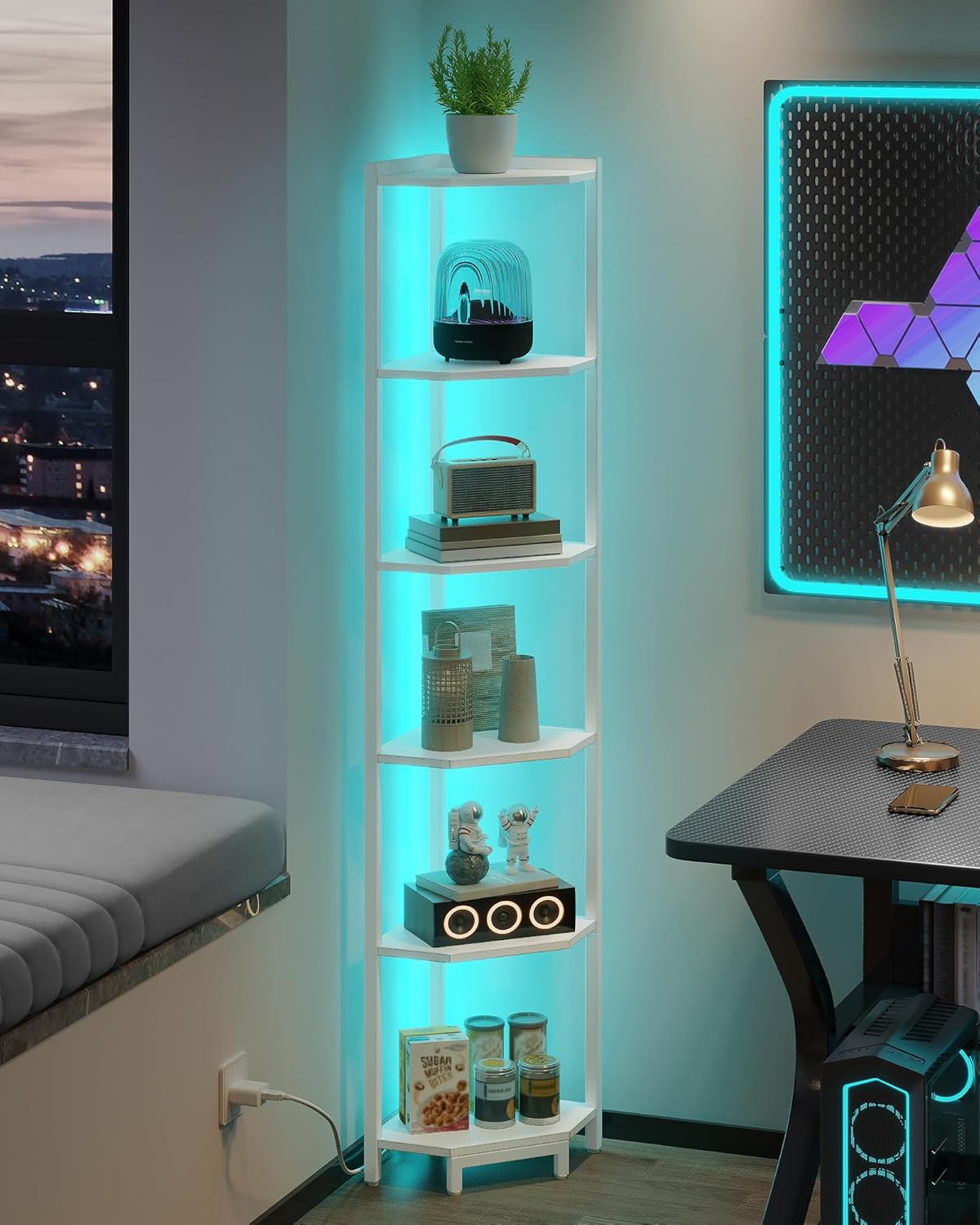 Corner Shelf with LED Light, 6-Tier Corner Bookshelf, Tall Narrow Display Bookcase with Metal Frame, Standing Shelf for Small Space, Living Room, Home Office, Bedroom, White CS66613W