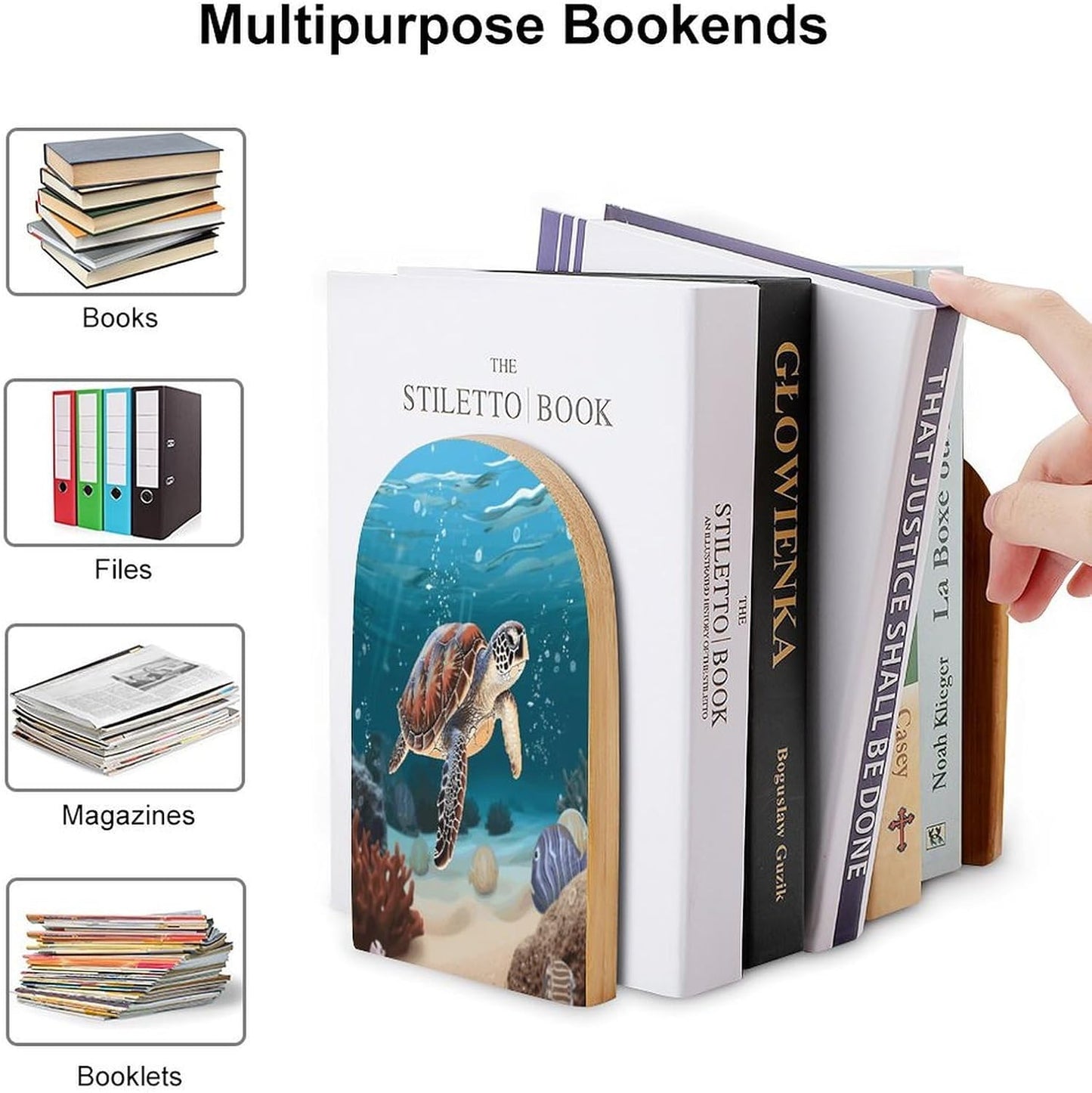 Sea Turtle Swimming Bookend for Shelves Wooden Book End Large Size Sturdy Book Holders Stoppers with Metal Base for Bookshelves Slick Decorative Bookends Stands