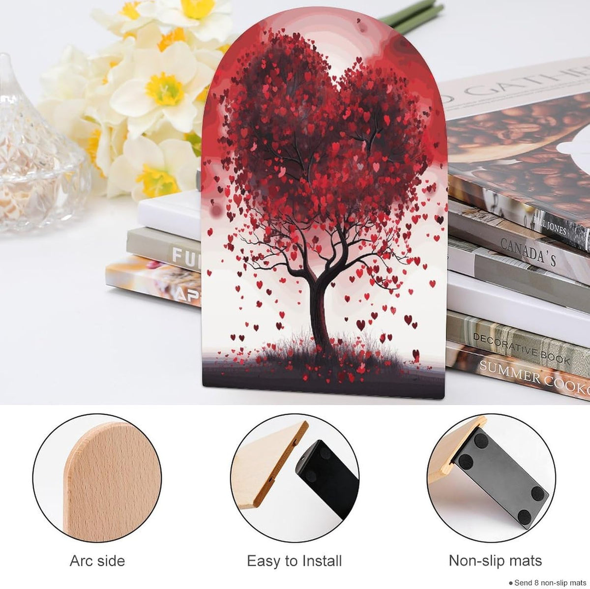 Red Love Heart Tree Wooden Bookend Non-Slip Book Ends Heavy Duty Book Stopper with Metal Base Books Holderd Decorative Bookends Stands Firmly for Office Supplies