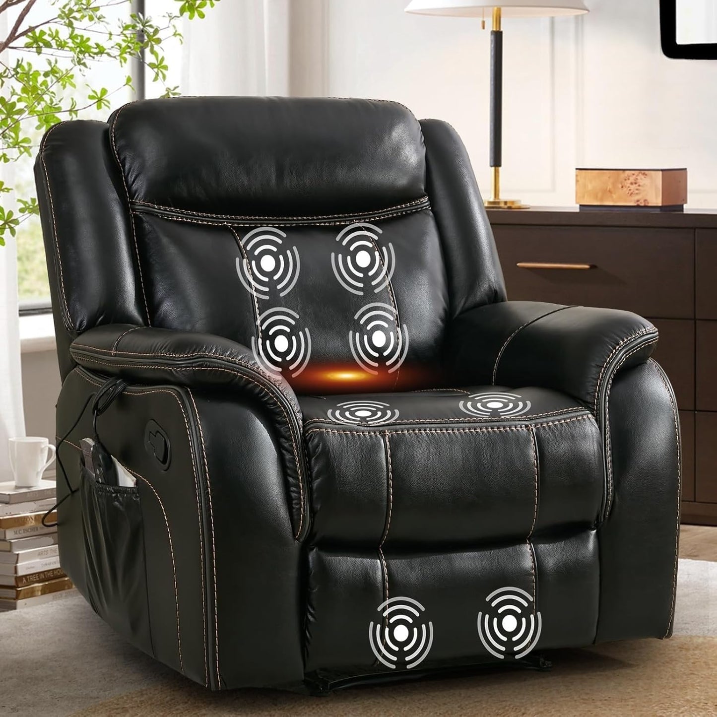 Massage Recliner Chair with Heat 39" Wide Manual Reclining Ergonomic Lounge Chairs Overstuffed Wall Hugger Recliners for Living Room Bedroom Meeting(Black)