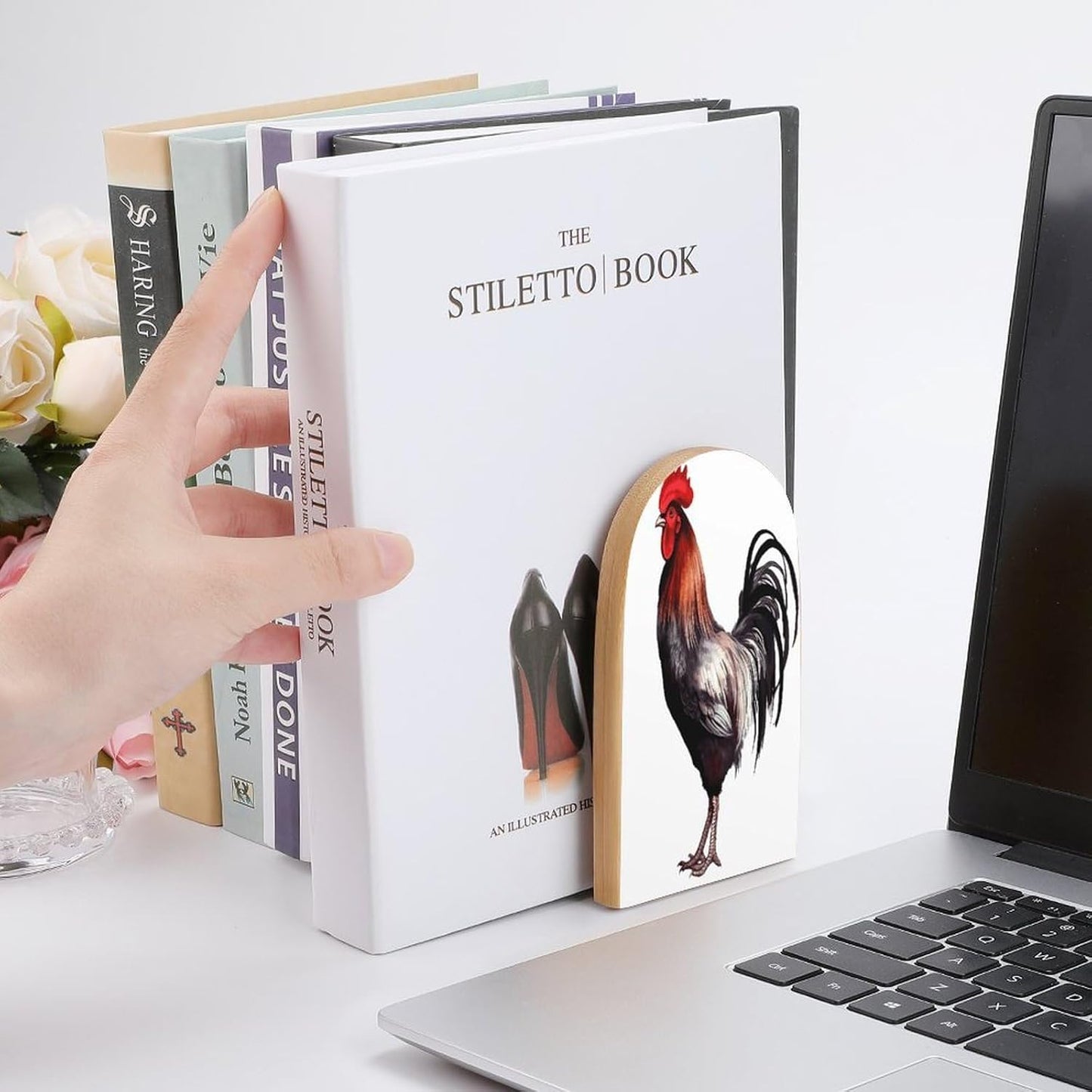 Rooster Bookends 1 Pair Heavy Duty Book Ends for Shelves Non-Skid Bookend Supports Wooden Book Holders with Metal Base Desk Organizers Books Storage to Hold Books