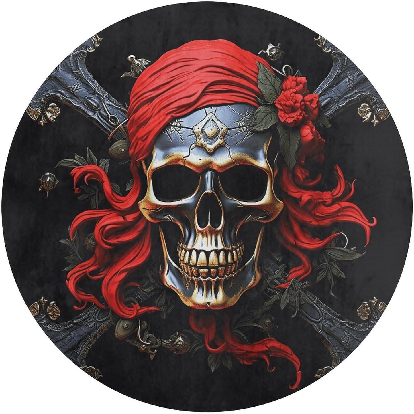 Pirate Skull Circle Rug Retro Luxury Coral Velvet Floor Mat Non Slip Soft Indoor Floor Carpet Comfy Thickened Area Rugs Modern Aesthetic Minimalist Carpets for Home Decor