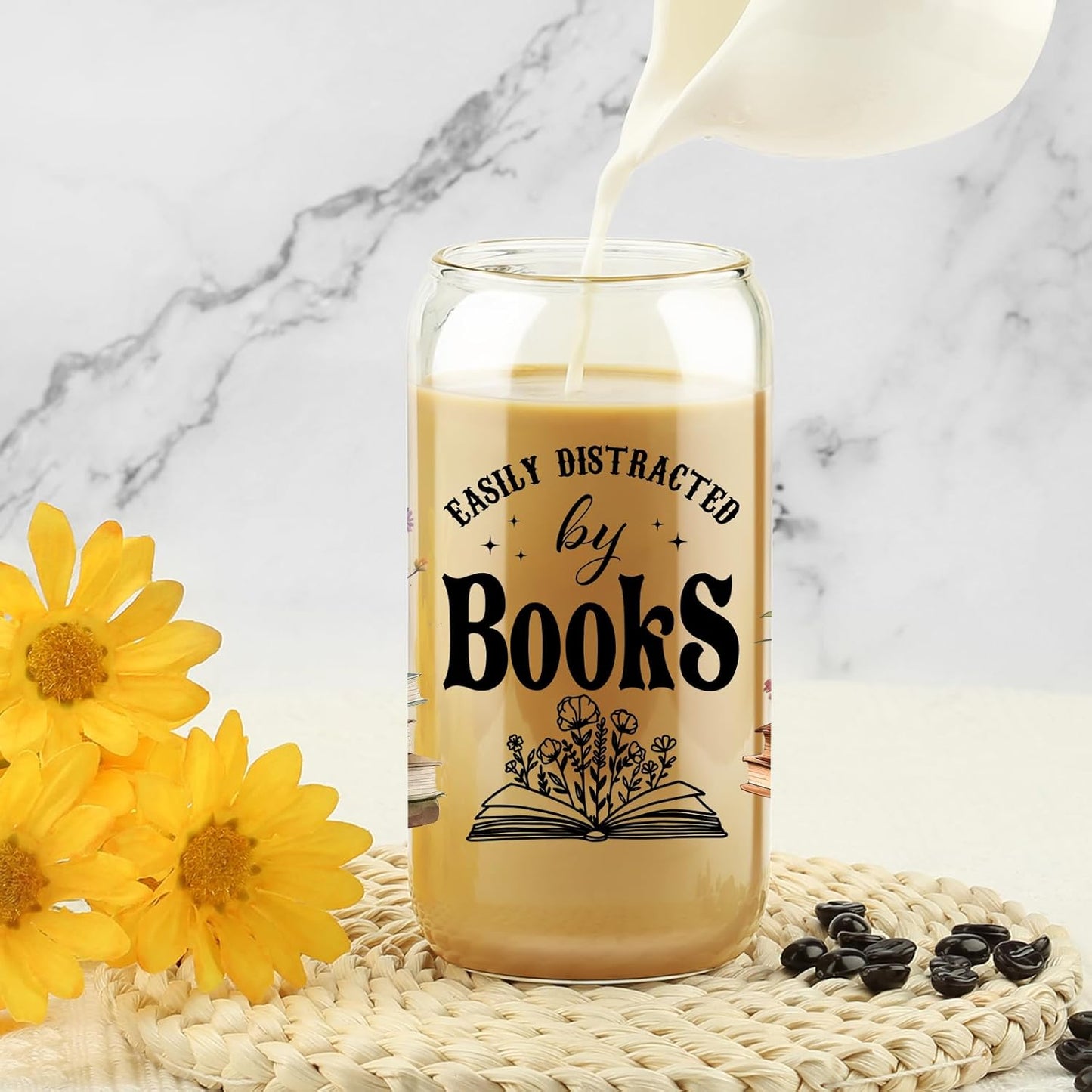 Book Lovers Coffee Glass Cups w/Lids Straws, Easily Distracted By Books Glass Cup, Bookish Gifts for Women, Birthday Gifts For Women Best Friend, Bookworm Club Gift, Student Reading Gift