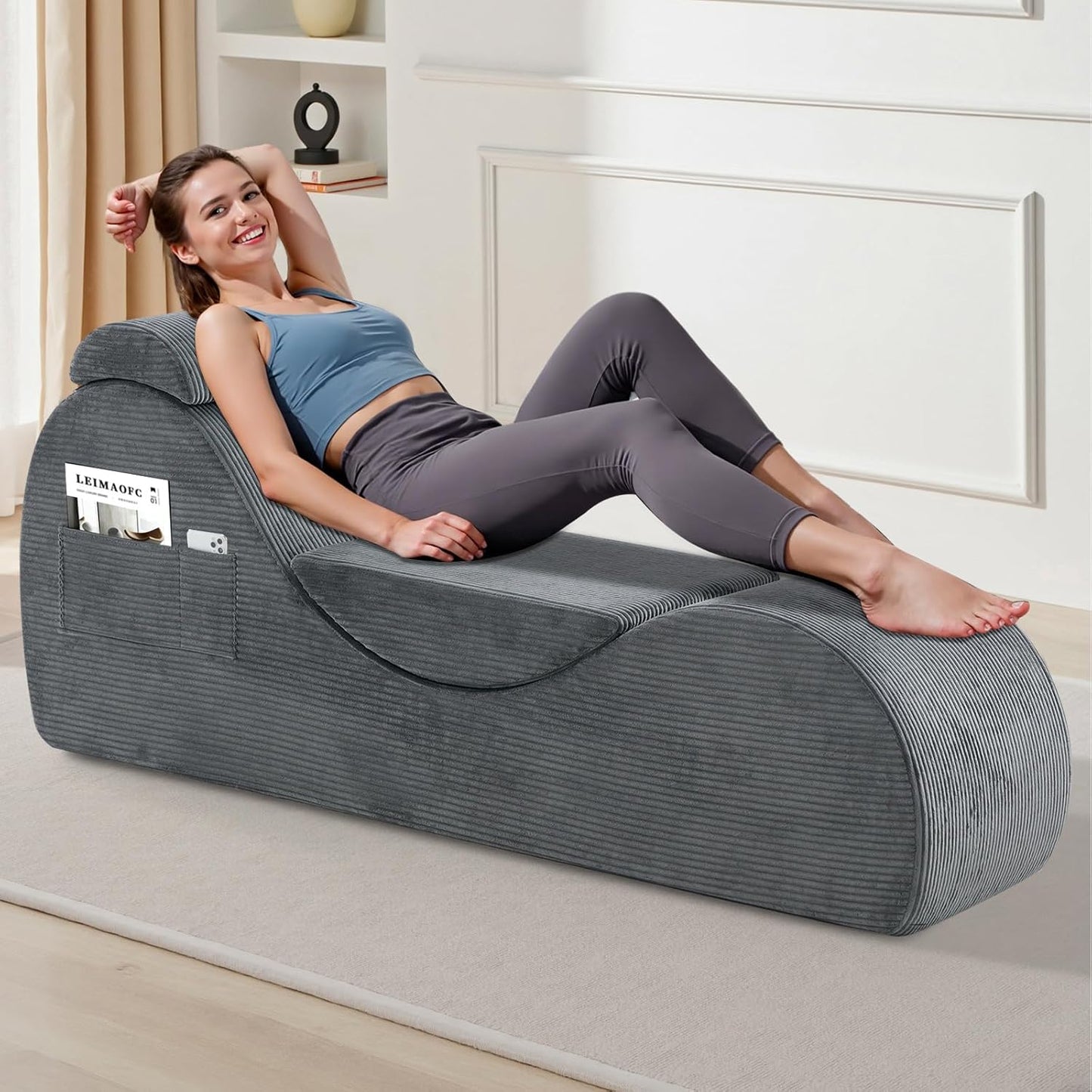 Yoga Chair Lounge for Adult, Ergonomic Chaise Lounge Chair with Side Pocket, Headrest, Waist Pad, Perfect for Stretching, Massage, and Relaxation, Used in Living Room, Bedroom（Dark Gray）