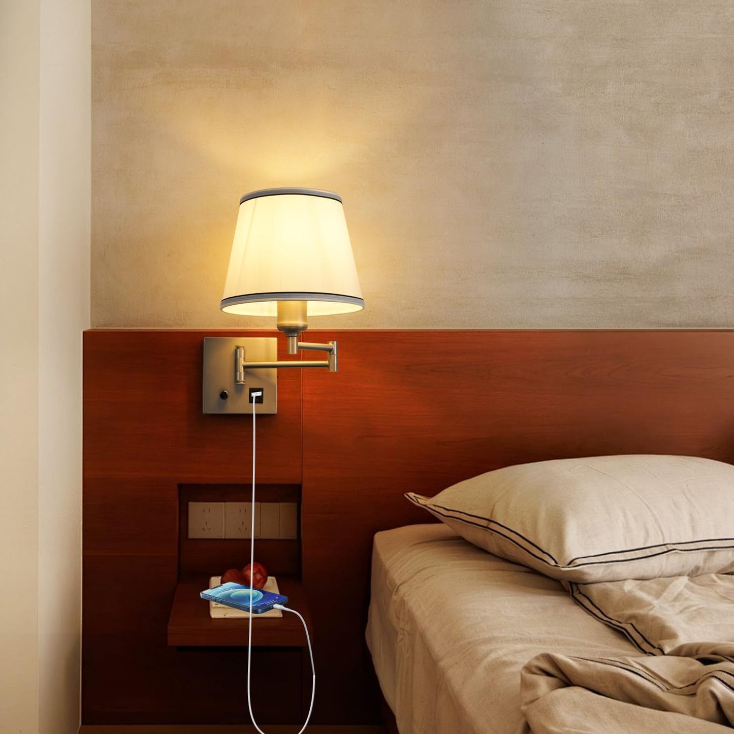 Swing Arm Wall Lamp with Type-C and USB Charging Port Wall Mounted Lamp with Dimmable Switch Plug in Wall Sconces White Fabric Shade Perfect for Bedside Living Room Reading Nook Office Satin Nickel